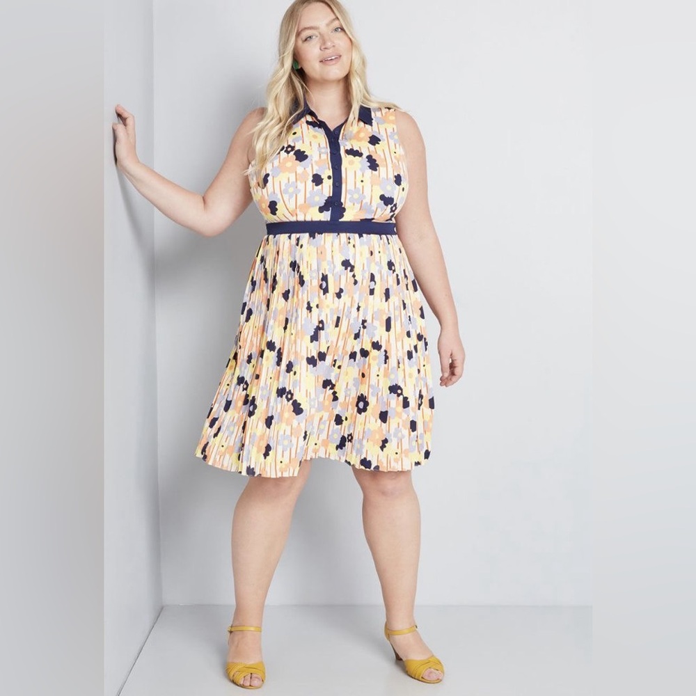 ModCloth Pleated Shirt Dress Fit Flare Floral Stripes Retro Pinup Blue Yellow 28